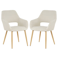 Keith Fabric Dining Chair Set of 2 in Light Beige features modern-style chairs with curved upholstered shells, integrated armrests, open lower back, and tapered light-wood legs with metal ferrules.