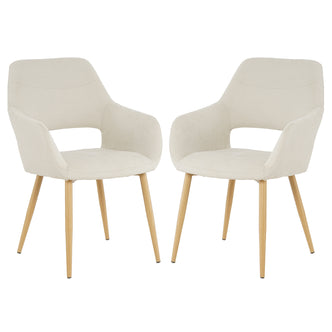 Keith Fabric Dining Chair Set of 2 in Light Beige features modern-style chairs with curved upholstered shells, integrated armrests, open lower back, and tapered light-wood legs with metal ferrules.