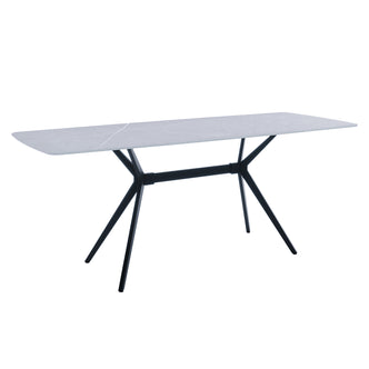 Keneddy 200cm Ceramic Porcelain Dining Table in Concrete, featuring a light-gray rectangular tabletop and a black metal spider-leg base, offering a sleek, modern look for dining or outdoor settings.