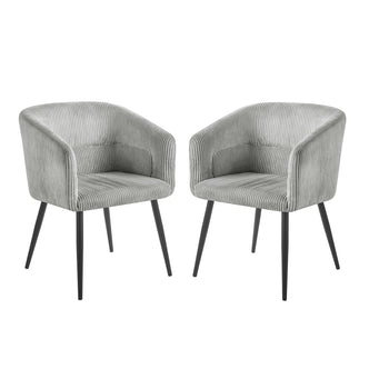 Kirsten Corduroy Fabric Dining Chair Set of 2 - Light Warm Grey, featuring grey corduroy upholstery, black legs, sloping arms, and a curved backrest, perfect for modern dining or accent seating.