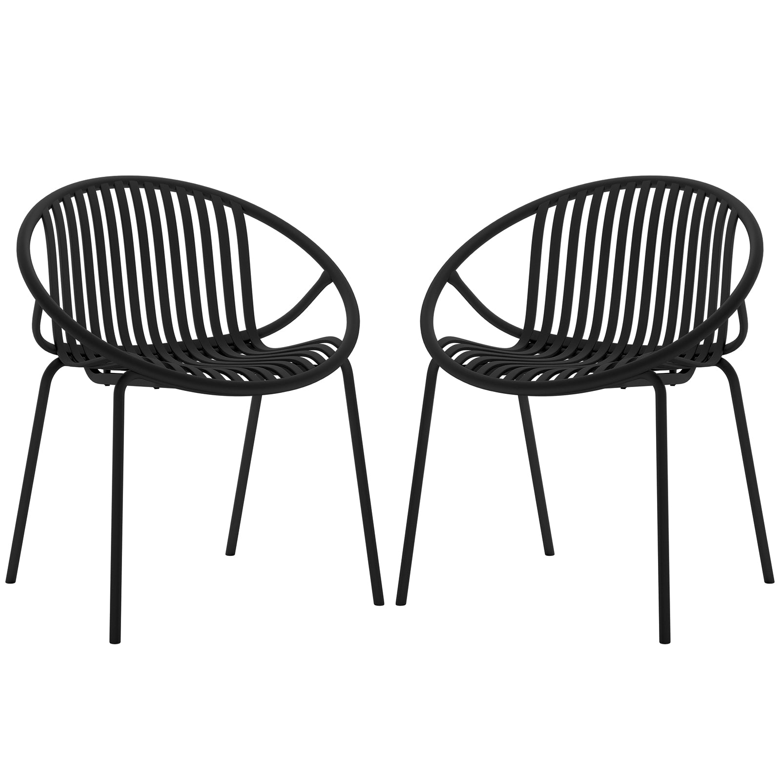 Kosmos Indoor/Outdoor Wire Dining Chair Black Set of 2, featuring sleek wire design with slatted backs and sturdy, powder-coated metal legs, suitable for both indoor and outdoor use.