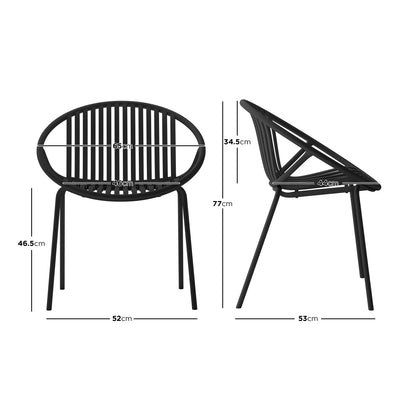 Kosmos Indoor/Outdoor Wire Dining Chair Black Set of 2, showcasing sleek wire design with sturdy powder-coated metal legs, viewed from side and back against a plain backdrop, with measurements illustrated.