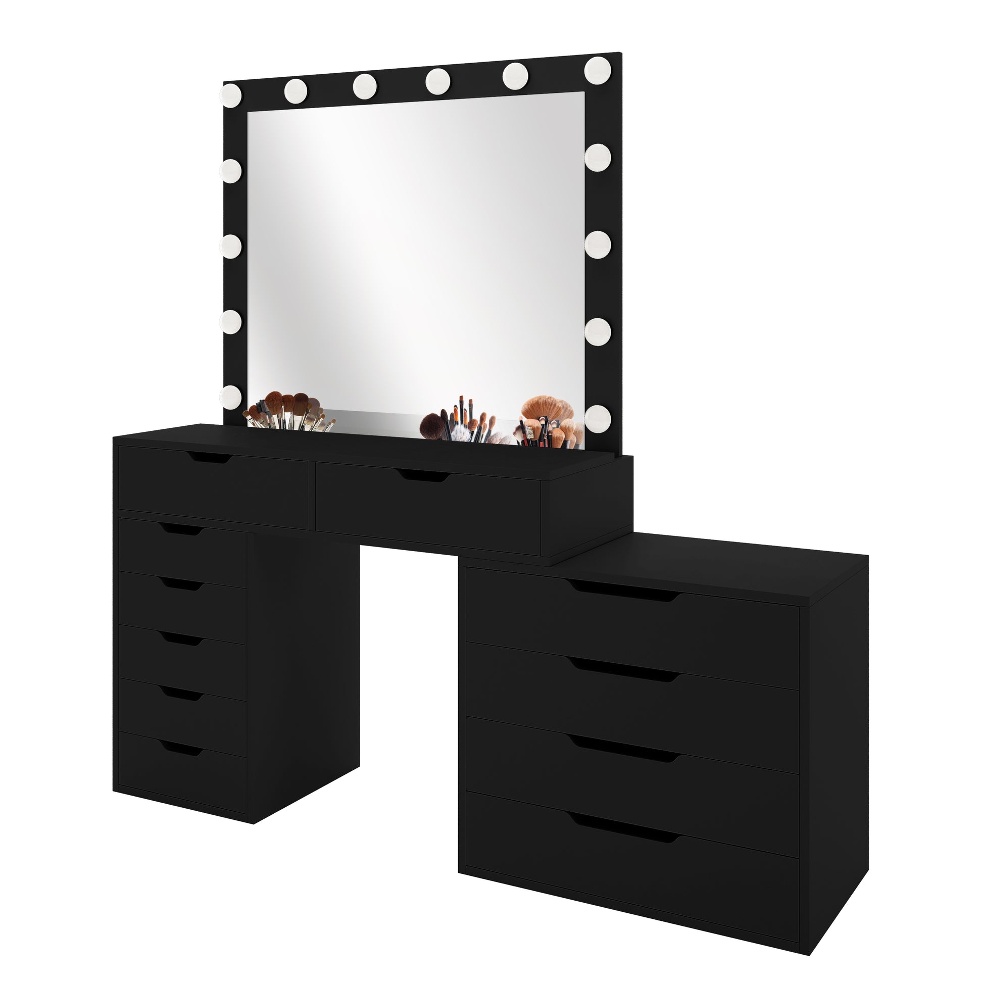 Lassie Hollywood Vanity Dressing Table with Drawers in Black featuring a large mirror with Hollywood-style LED lights, multiple drawers, and makeup tools on the tabletop for organized storage and elegance.
