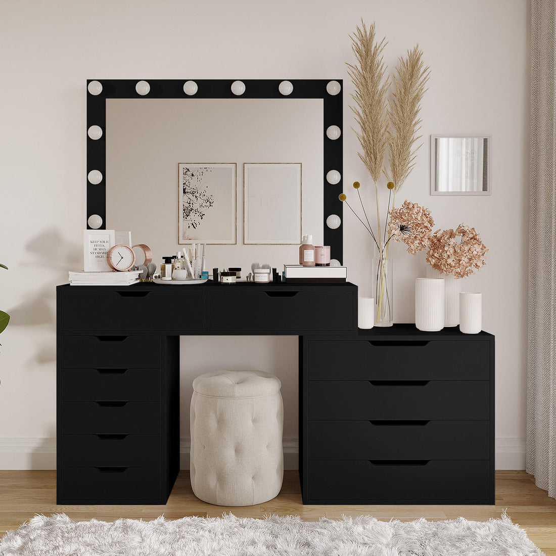 Lassie Hollywood Vanity Dressing Table with Drawers in Black features a sleek design, LED-lit mirror, and ample storage, including multi-drawer units topped with cosmetics, enhancing your chic dressing area.