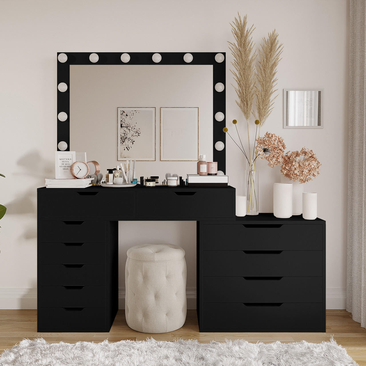 Lassie Hollywood Vanity Dressing Table with Drawers in Black features a sleek design, LED-lit mirror, and ample storage, including multi-drawer units topped with cosmetics, enhancing your chic dressing area.