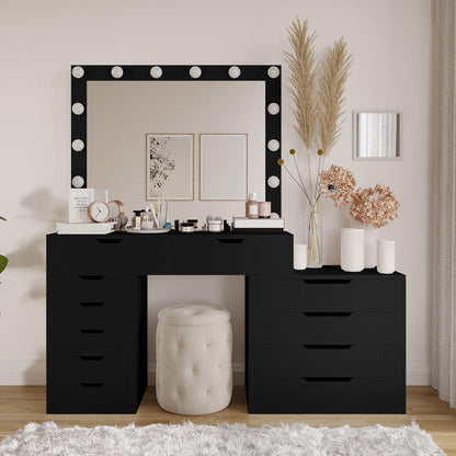 Lassie Hollywood Vanity Dressing Table with Drawers in Black features a sleek design, LED-lit mirror, and ample storage, including multi-drawer units topped with cosmetics, enhancing your chic dressing area.