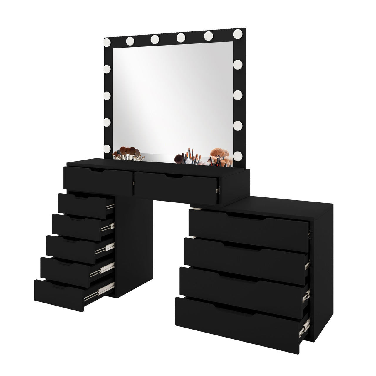 Lassie Hollywood Vanity Dressing Table with Drawers in Black features a large mirror framed with LED bulbs, two shallow drawers, and side drawer stacks. Assorted makeup brushes rest on the tabletop.