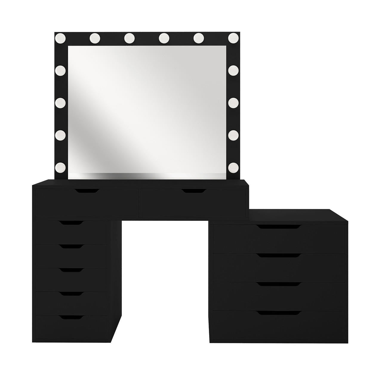 Lassie Hollywood Vanity Dressing Table with Drawers in Black features a mirror with 12 bulbs, sleek tabletop, and asymmetric drawer stacks for stylish makeup application and ample storage.