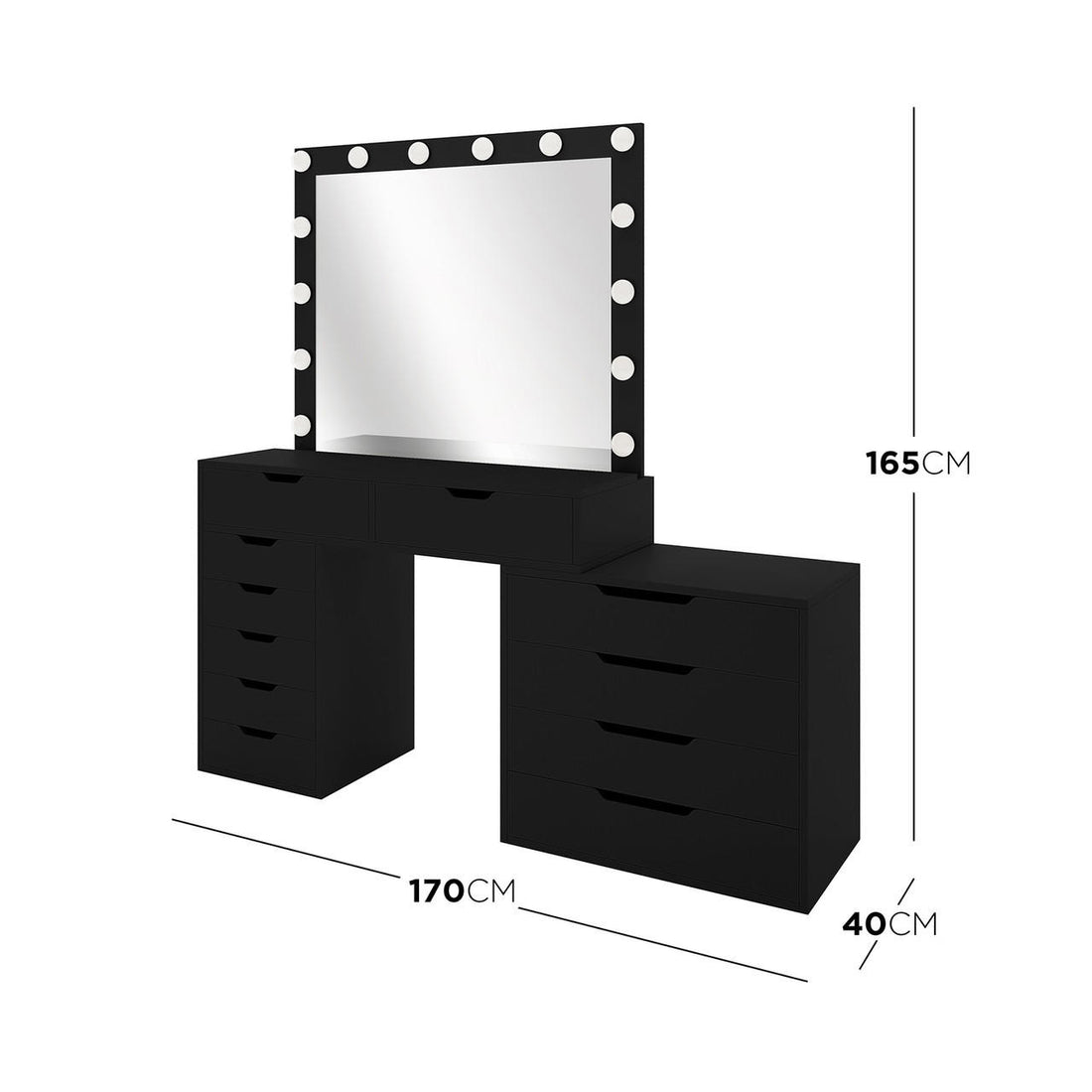 Lassie Hollywood Vanity Dressing Table with Drawers in Black features a mirrored tabletop with LED lights and multiple drawers, offering both style and ample storage for a chic, organized space.