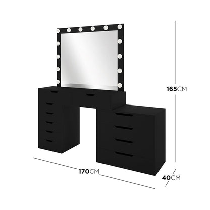 Lassie Hollywood Vanity Dressing Table with Drawers in Black features a mirrored tabletop with LED lights and multiple drawers, offering both style and ample storage for a chic, organized space.
