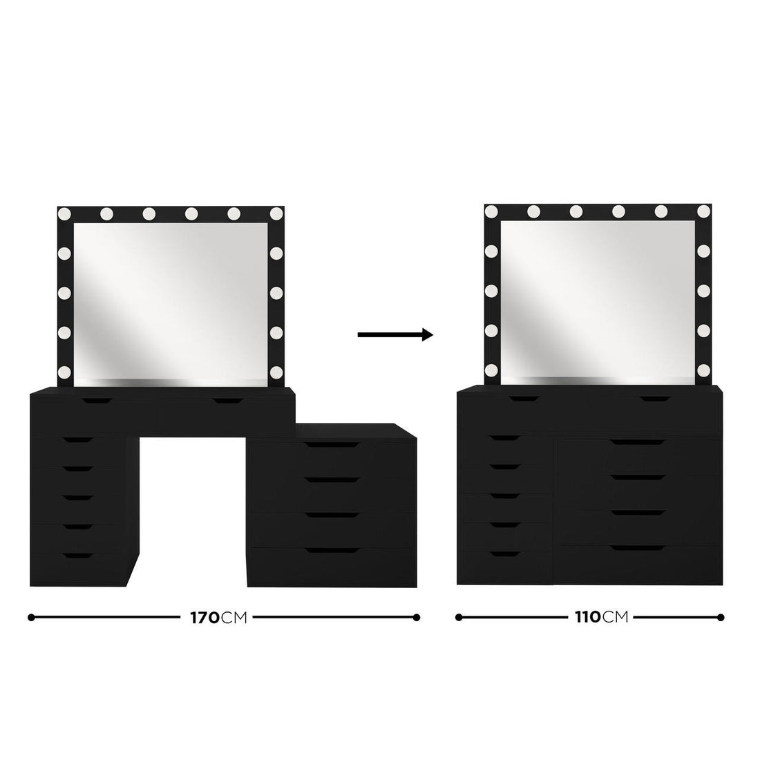 Lassie Hollywood Vanity Dressing Table with Drawers in Black, featuring a large mirror with LED lights, adjustable width from 110cm to 170cm, and ample storage with multiple drawer sizes.