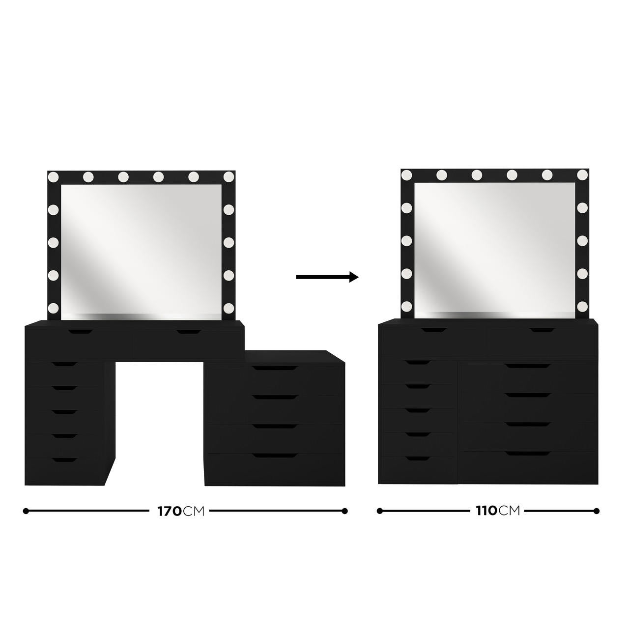 Lassie Hollywood Vanity Dressing Table with Drawers in Black, featuring a large mirror with LED lights, adjustable width from 110cm to 170cm, and ample storage with multiple drawer sizes.