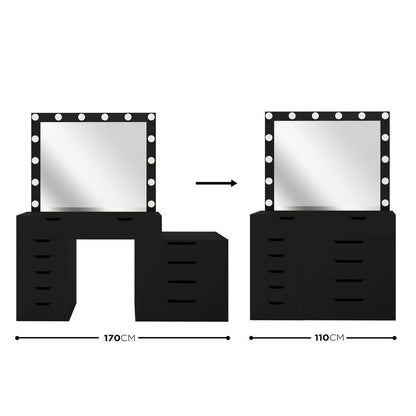 Lassie Hollywood Vanity Dressing Table with Drawers in Black, featuring a large mirror with LED lights, adjustable width from 110cm to 170cm, and ample storage with multiple drawer sizes.