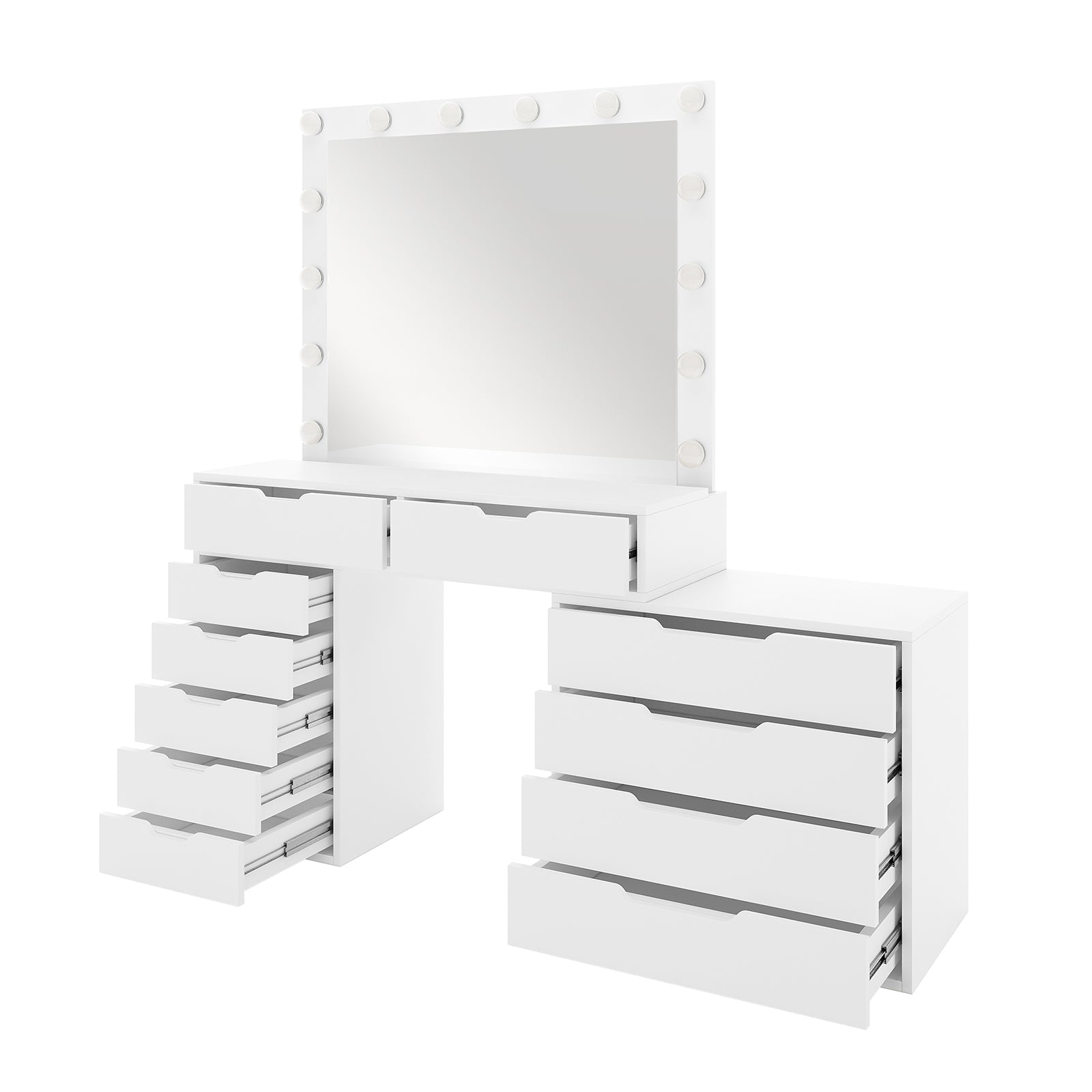 Lassie Hollywood Vanity Dressing Table with Drawers in White, featuring a large mirror with built-in lights, multiple drawers for organized storage, and a broad desktop for a glamorous beauty setup.
