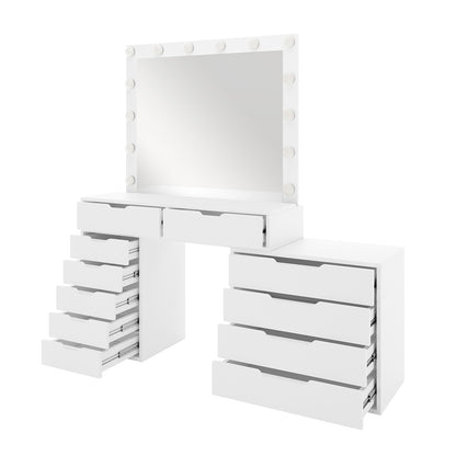 Lassie Hollywood Vanity Dressing Table with Drawers in White, featuring a large mirror with built-in lights, multiple drawers for organized storage, and a broad desktop for a glamorous beauty setup.