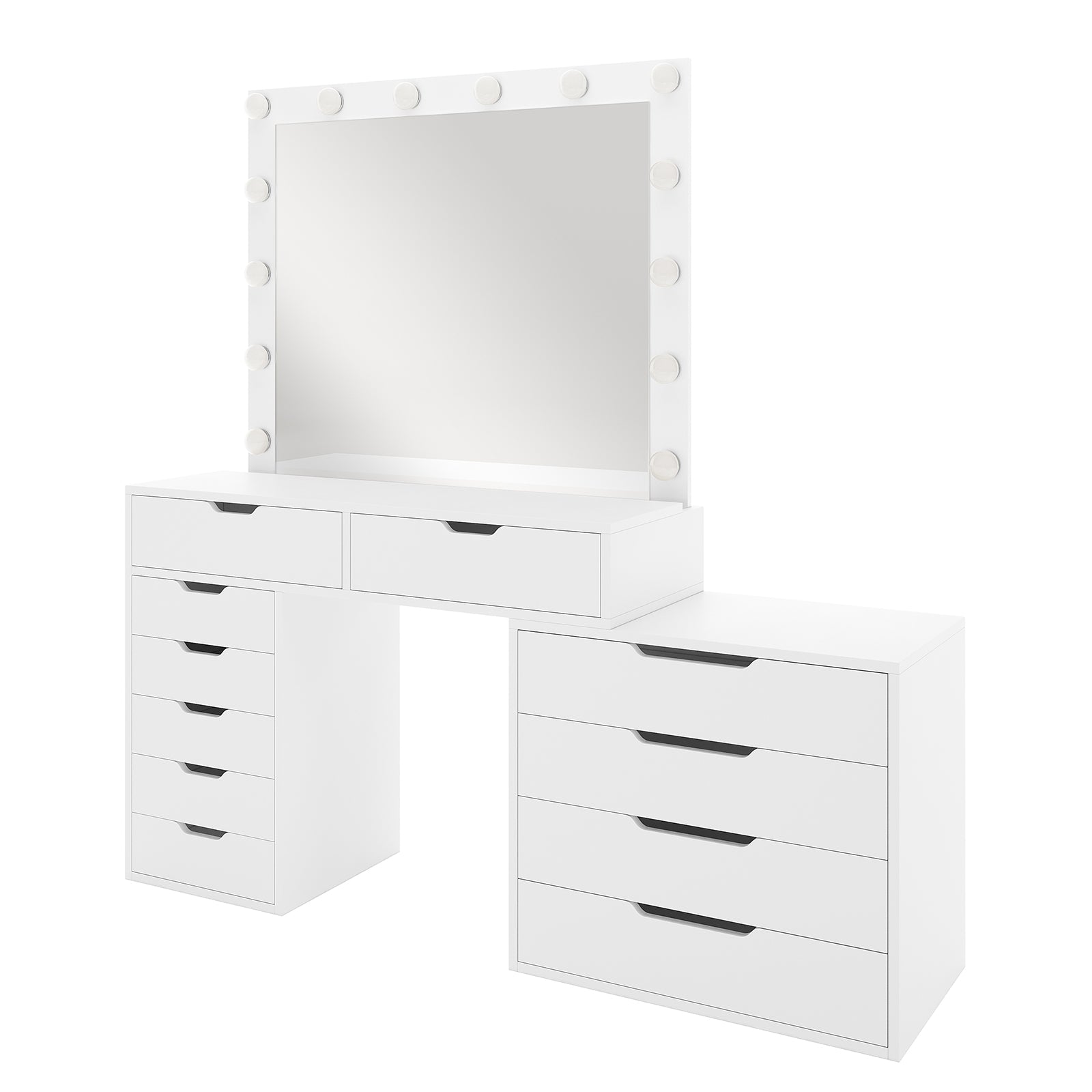 Lassie Hollywood Vanity Dressing Table with Drawers in White features a large mirror with globe lights, two top drawers, six slim side drawers, and a four-drawer chest for ample storage.