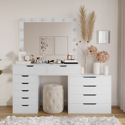 Lassie Hollywood Vanity Dressing Table with Drawers in White features a modular design, illuminated mirror with bulb-style lights, organized storage with multiple drawers, and is complemented by decorative items and a plush ottoman.
