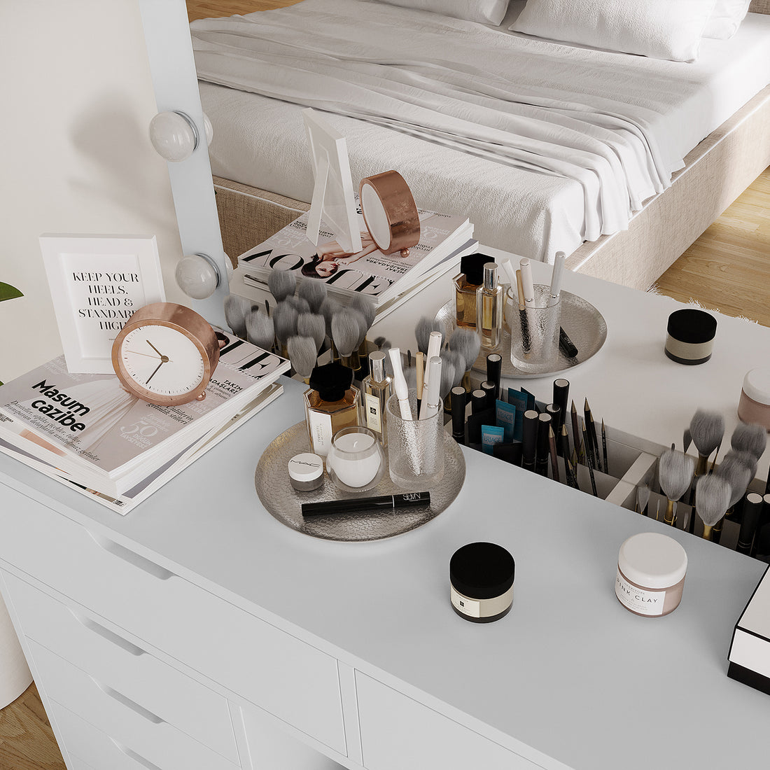 Lassie Hollywood Vanity Dressing Table with Drawers in White features a light-framed mirror with bulbs, elegant trays with cosmetics, and organized makeup holders, blending glamour and practicality.