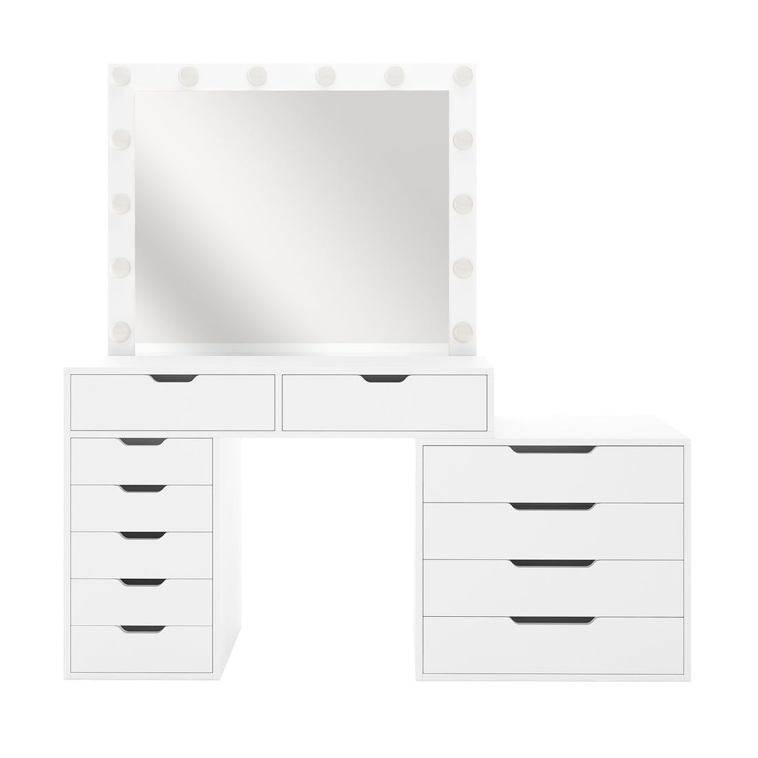 Lassie Hollywood Vanity Dressing Table with Drawers in White features a left column of five narrow drawers, central knee-hole workspace with two drawers, right stack of four wider drawers, and a Hollywood-style mirror with bulbs.
