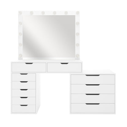 Lassie Hollywood Vanity Dressing Table with Drawers in White features a left column of five narrow drawers, central knee-hole workspace with two drawers, right stack of four wider drawers, and a Hollywood-style mirror with bulbs.