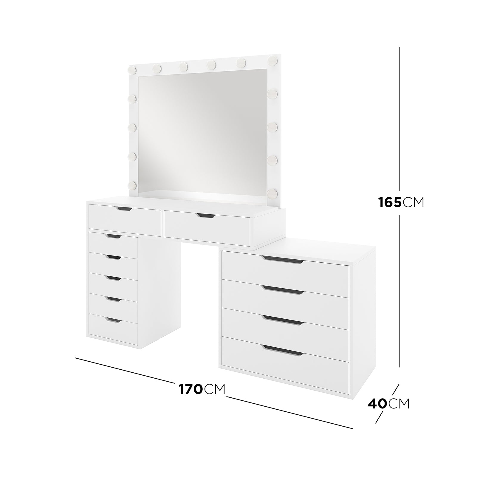 Lassie Hollywood Vanity Dressing Table with Drawers in White featuring a large mirror with 14 bulbs, dual pedestals with various-sized drawers, and two shallow tabletop drawers for organized beauty storage.