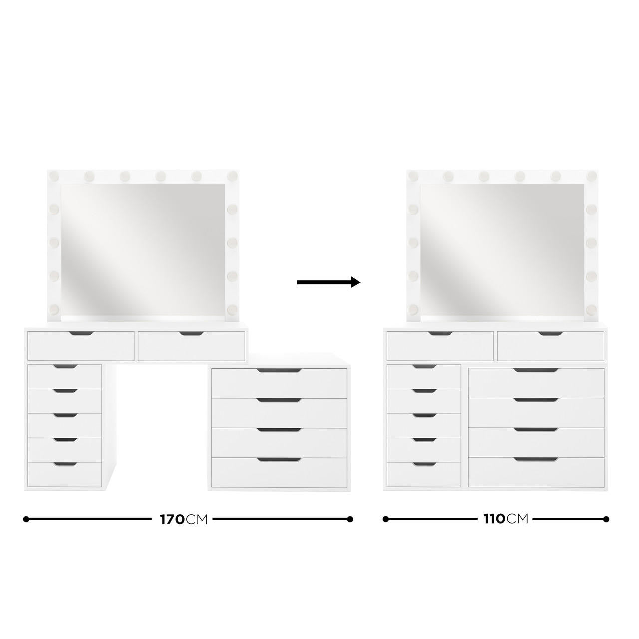 Lassie Hollywood Vanity Dressing Table with Drawers in White features a modular setup; adjustable from a wide 170cm to a compact 110cm, with lighted mirror and multiple drawer configurations.