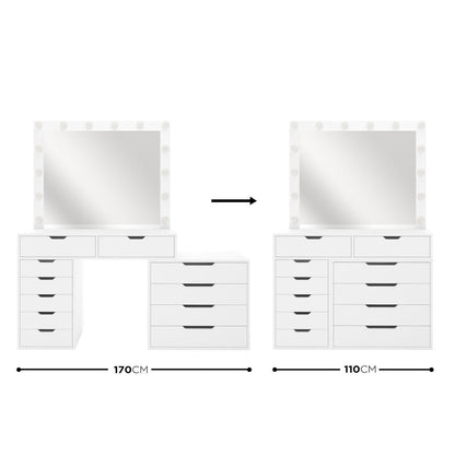 Lassie Hollywood Vanity Dressing Table with Drawers in White features a modular setup; adjustable from a wide 170cm to a compact 110cm, with lighted mirror and multiple drawer configurations.