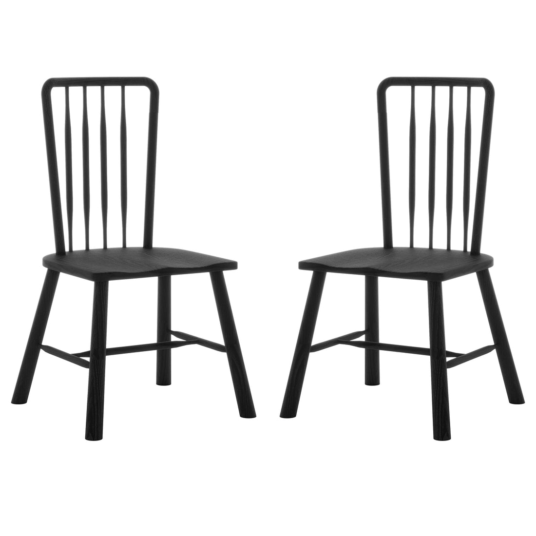 Leigh Solid Oak High-back Dining Chair Black Set of 2 features identical black wooden chairs with straight backs and thin vertical spindles, showcasing a modern farmhouse style against a white background.
