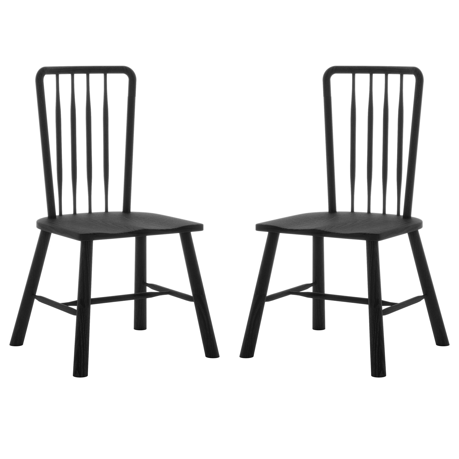 Leigh Solid Oak High-back Dining Chair Black Set of 2 features identical black wooden chairs with straight backs and thin vertical spindles, showcasing a modern farmhouse style against a white background.