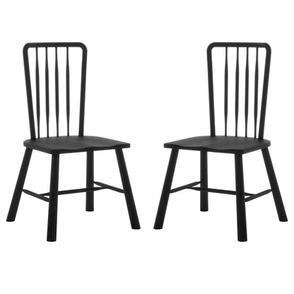 Leigh Solid Oak High-back Dining Chair Black Set of 2 features identical black wooden chairs with straight backs and thin vertical spindles, showcasing a modern farmhouse style against a white background.