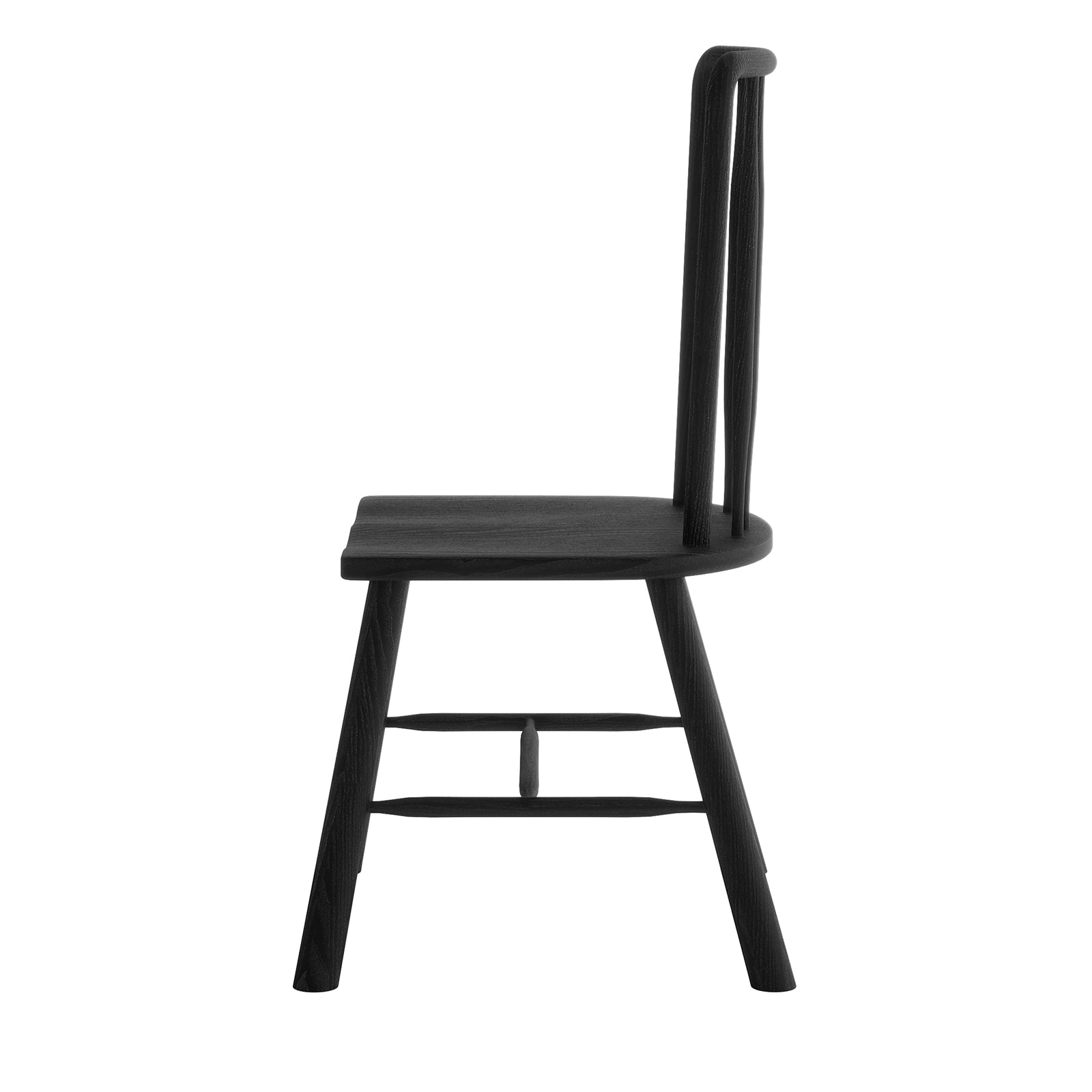 Leigh Solid Oak High-back Dining Chair Black Set of 2, showcasing a side-profile of a black wooden chair with splayed legs, two vertical spindles, and a rounded top rail for a modern farmhouse style.