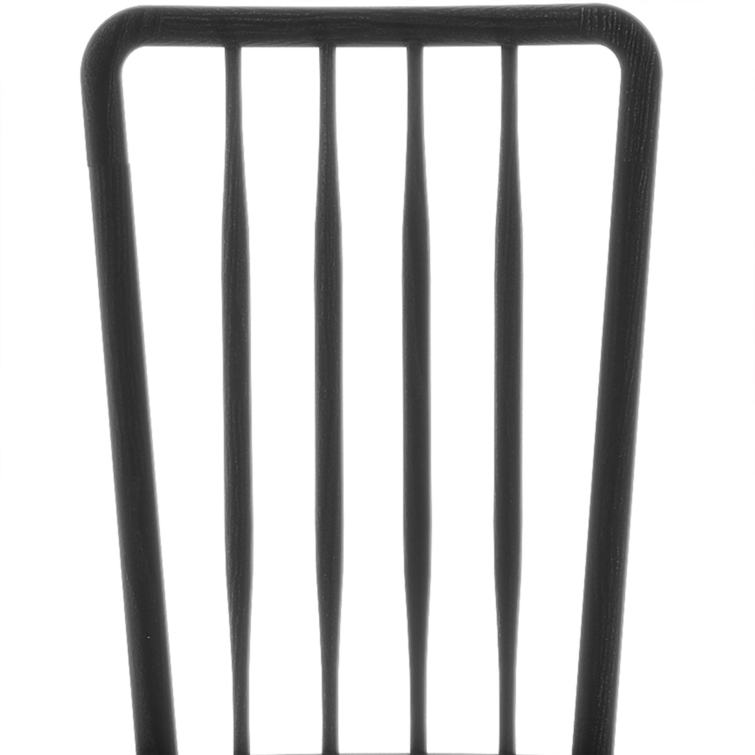 Leigh Solid Oak High-back Dining Chair Black Set of 2 features a black metal frame with five slender vertical spindles supporting the top rail, embodying a blend of rustic charm and modern farmhouse style.