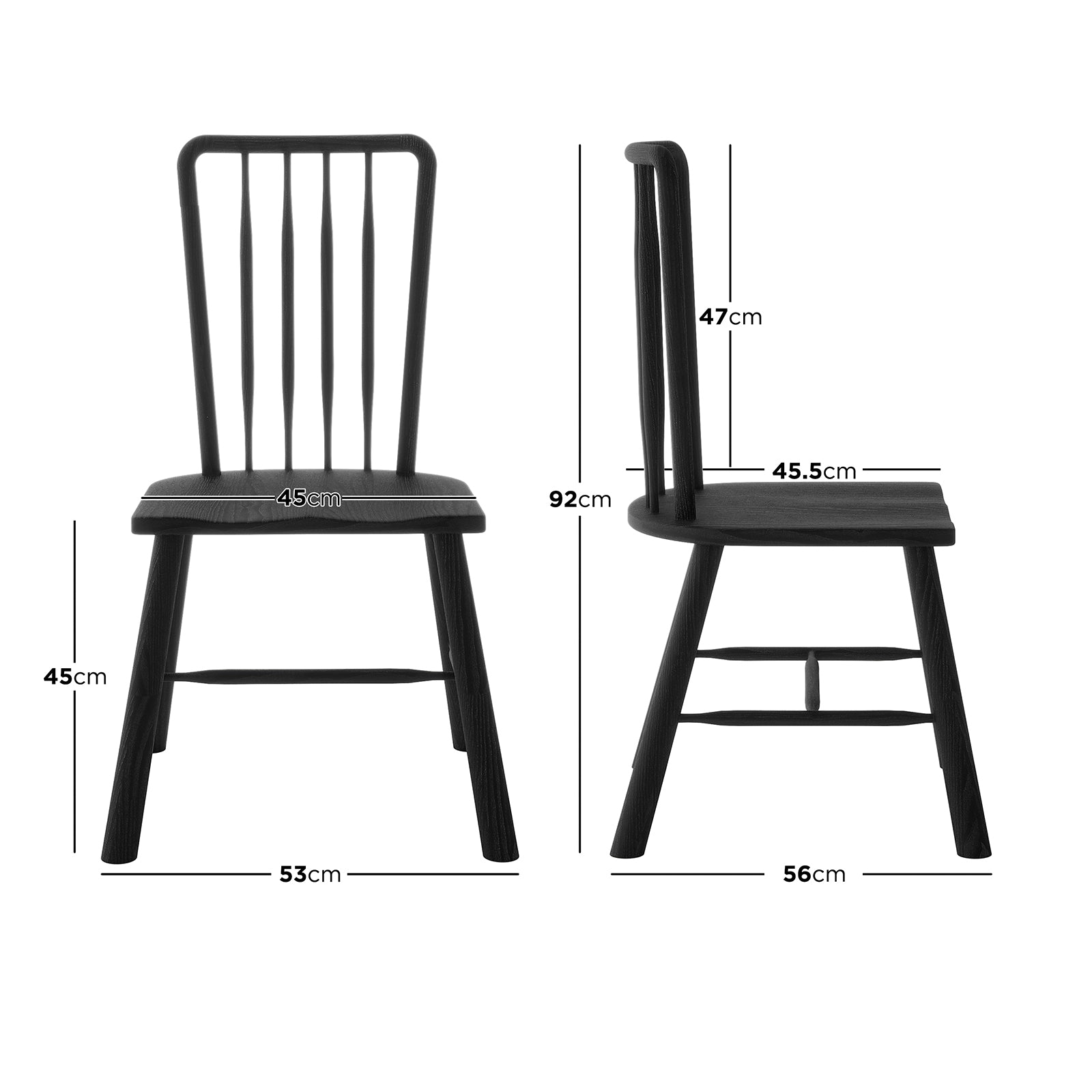Leigh Solid Oak High-back Dining Chair Black Set of 2, featuring a spindle design with a 47cm backrest. Seen in front and side views, dimensions highlighted for seat and overall structure.