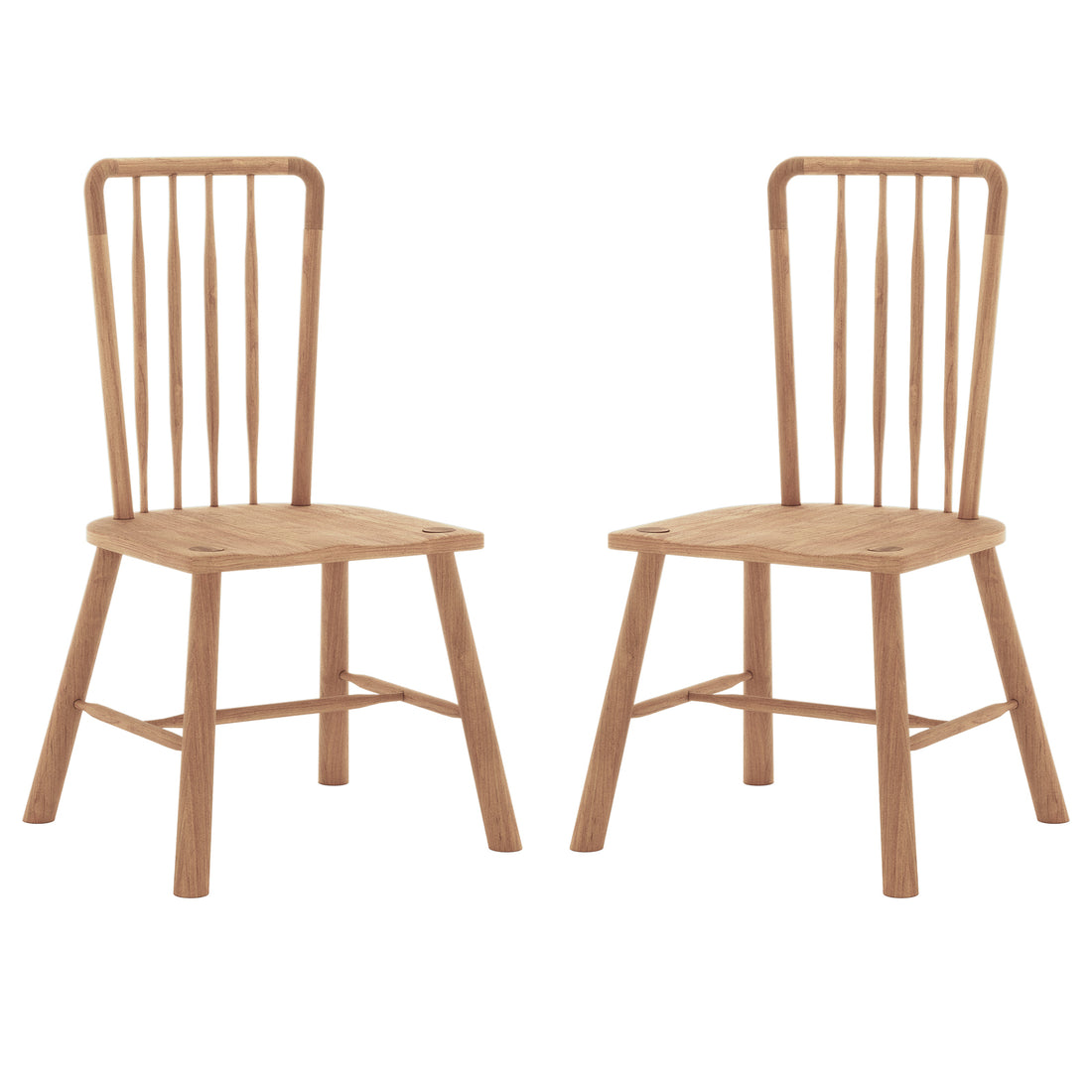 Leigh Solid Oak High-back Dining Chair Set of 2 features minimalist design with natural-finish wood, flat contoured seats, splayed legs, and a tall backrest with five slender spindles for a classic look.