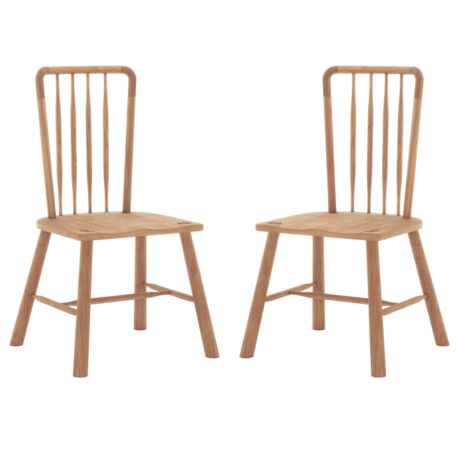 Leigh Solid Oak High-back Dining Chair Set of 2 features minimalist design with natural-finish wood, flat contoured seats, splayed legs, and a tall backrest with five slender spindles for a classic look.