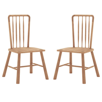 Leigh Solid Oak High-back Dining Chair Set of 2 features minimalist design with natural-finish wood, flat contoured seats, splayed legs, and a tall backrest with five slender spindles for a classic look.