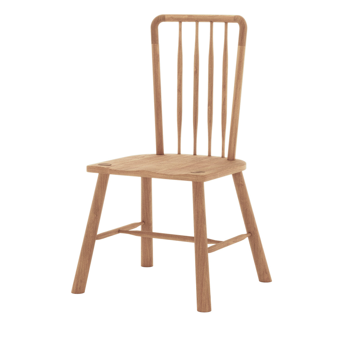 Leigh Solid Oak High-back Dining Chair Natural Set of 2, featuring a minimalist design with a contoured seat, spindle-style backrest of five slats, and visible wood grain, exuding modern farmhouse charm.