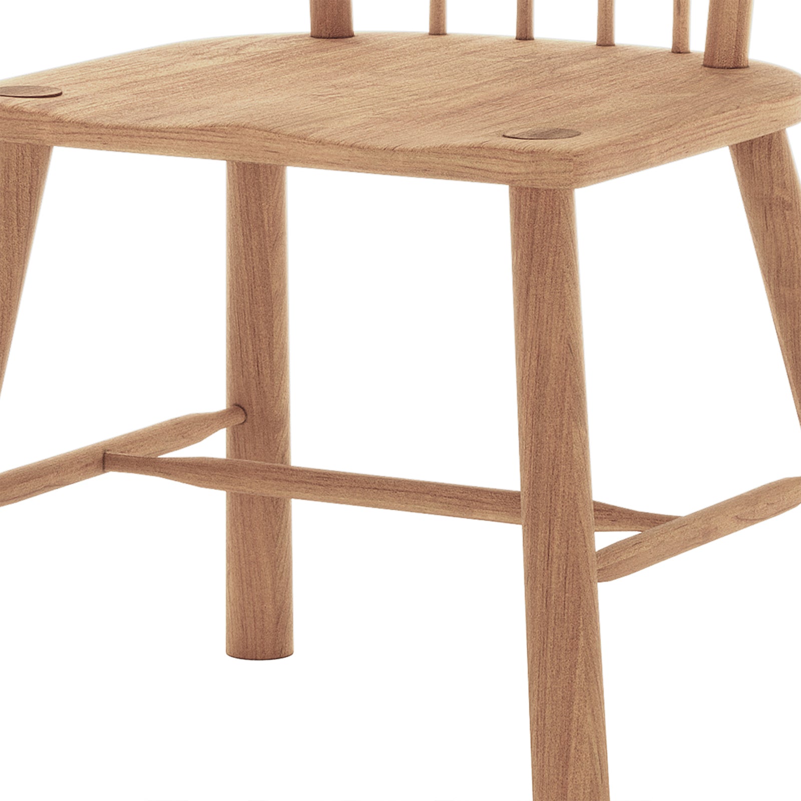 Leigh Solid Oak High-back Dining Chair set displays a flat wooden seat with outward splayed turned legs and connecting stretchers, showcasing its sturdy, rustic-modern design for versatile dining room use.