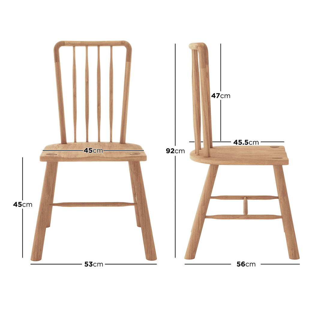Leigh Solid Oak High-back Dining Chair Natural Set of 2, featuring a spindled-back design with dimensions: seat width 45cm, seat height 45cm, backrest height 47cm, and total chair height 92cm.