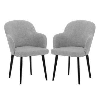 Lennon Linen Dining Chair Set of 2 in Light Grey, featuring curved backrests with short armrests, padded seats in woven fabric, and sleek black tapered legs, perfect for dining or accent use.