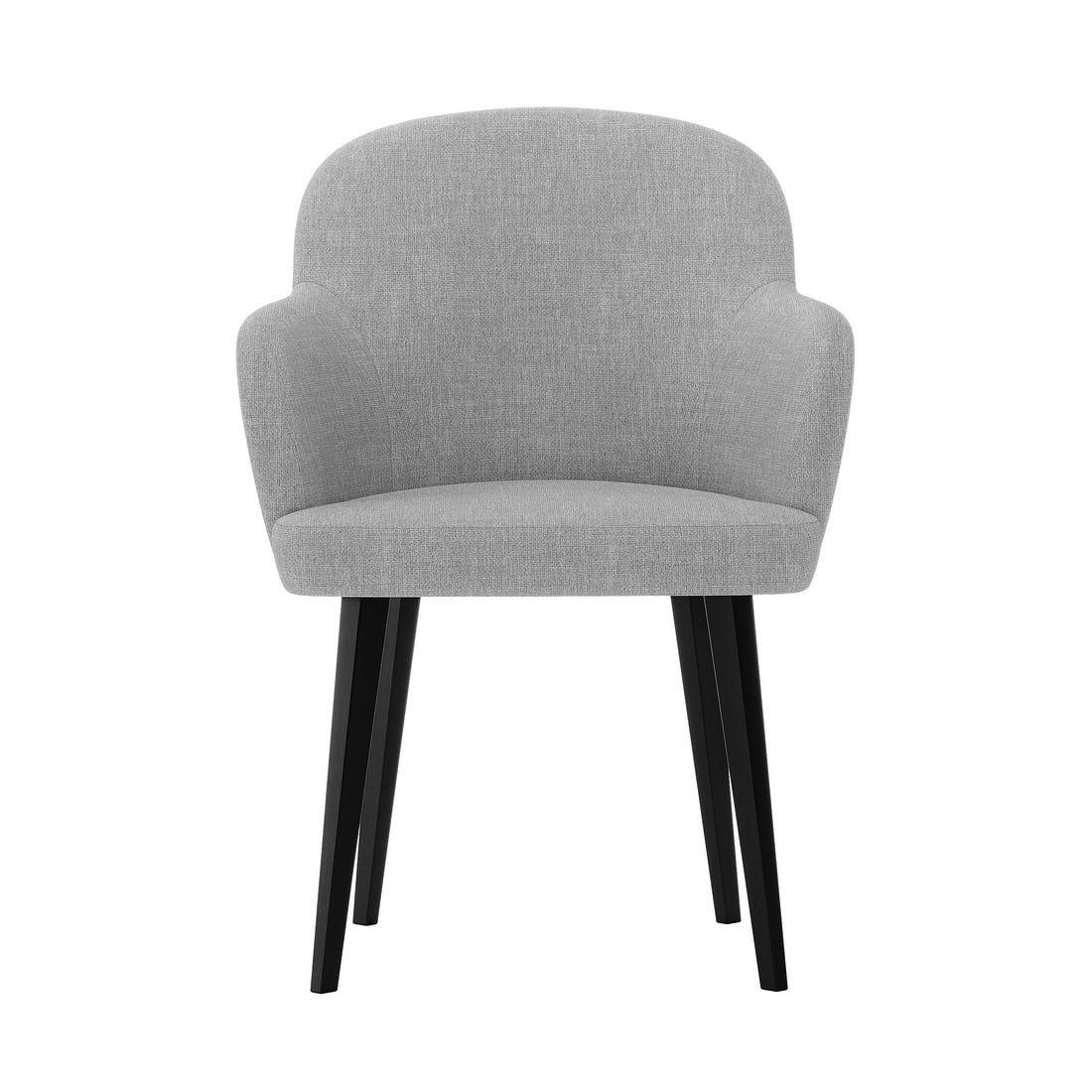 Lennon Linen Dining Chair Set of 2 in Light Grey, featuring modern upholstered design with curved backrest, integrated armrests, and four black splayed wooden legs for stylish dining enhancement.