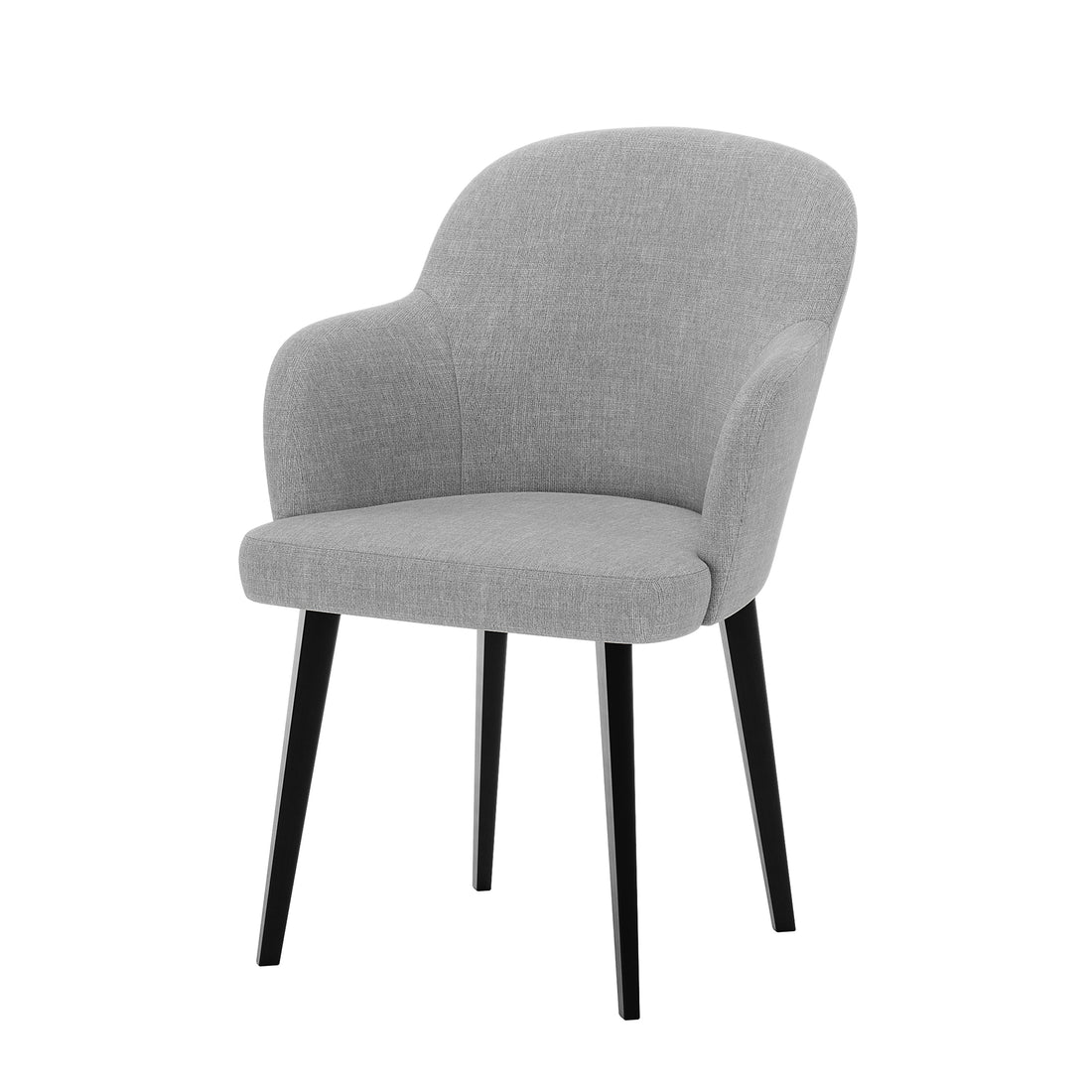 Lennon Linen Dining Chair Set of 2 in Light Grey featuring a gently rounded, upholstered seat and back with integrated low armrests, and four slender, slightly tapered black legs for a modern touch.
