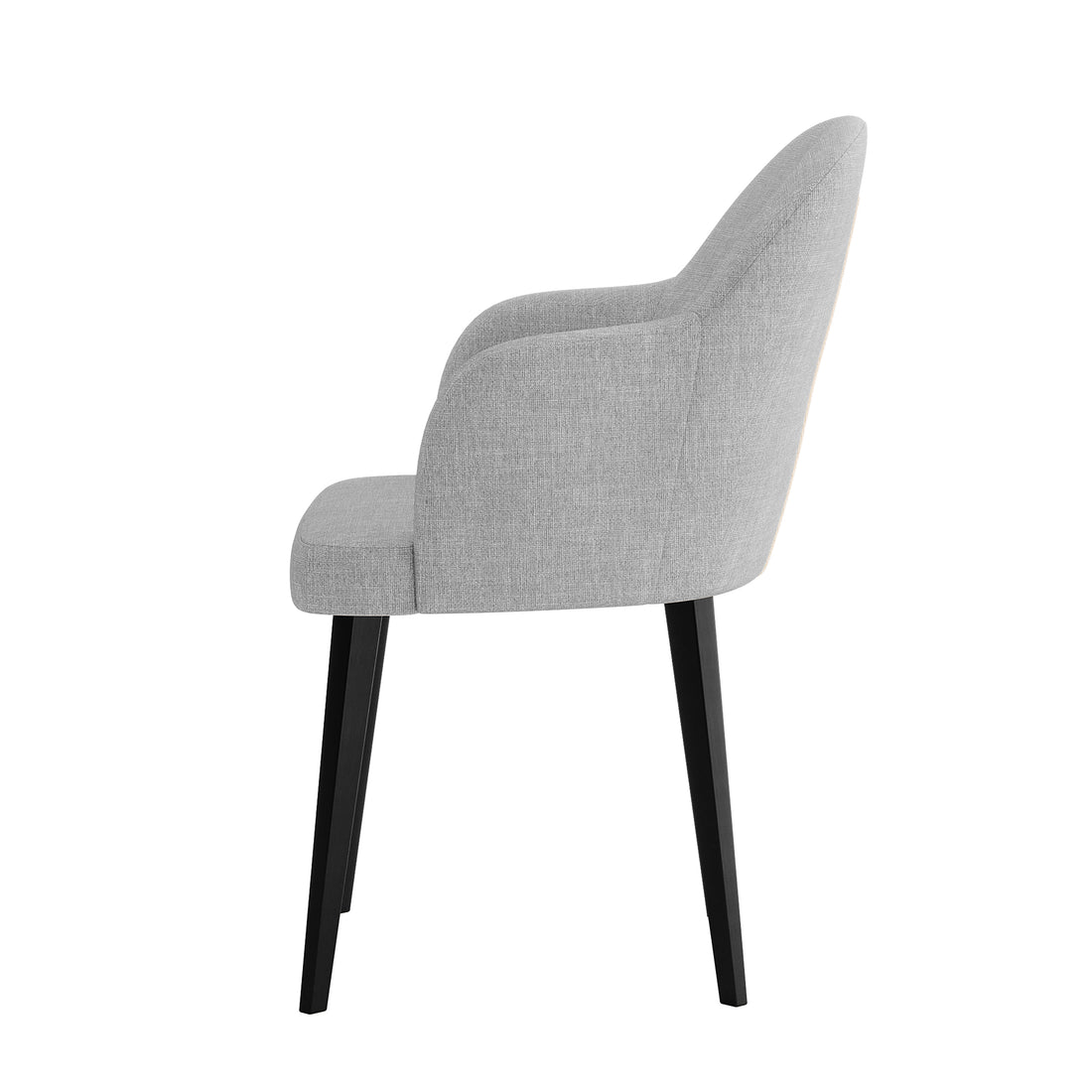 Lennon Linen Dining Chair Set of 2 in Light Grey, featuring a modern upholstered design with a curved back, integrated armrests, and sturdy black-finished wooden legs.