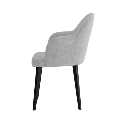 Lennon Linen Dining Chair Set of 2 in Light Grey, featuring a modern upholstered design with a curved back, integrated armrests, and sturdy black-finished wooden legs.