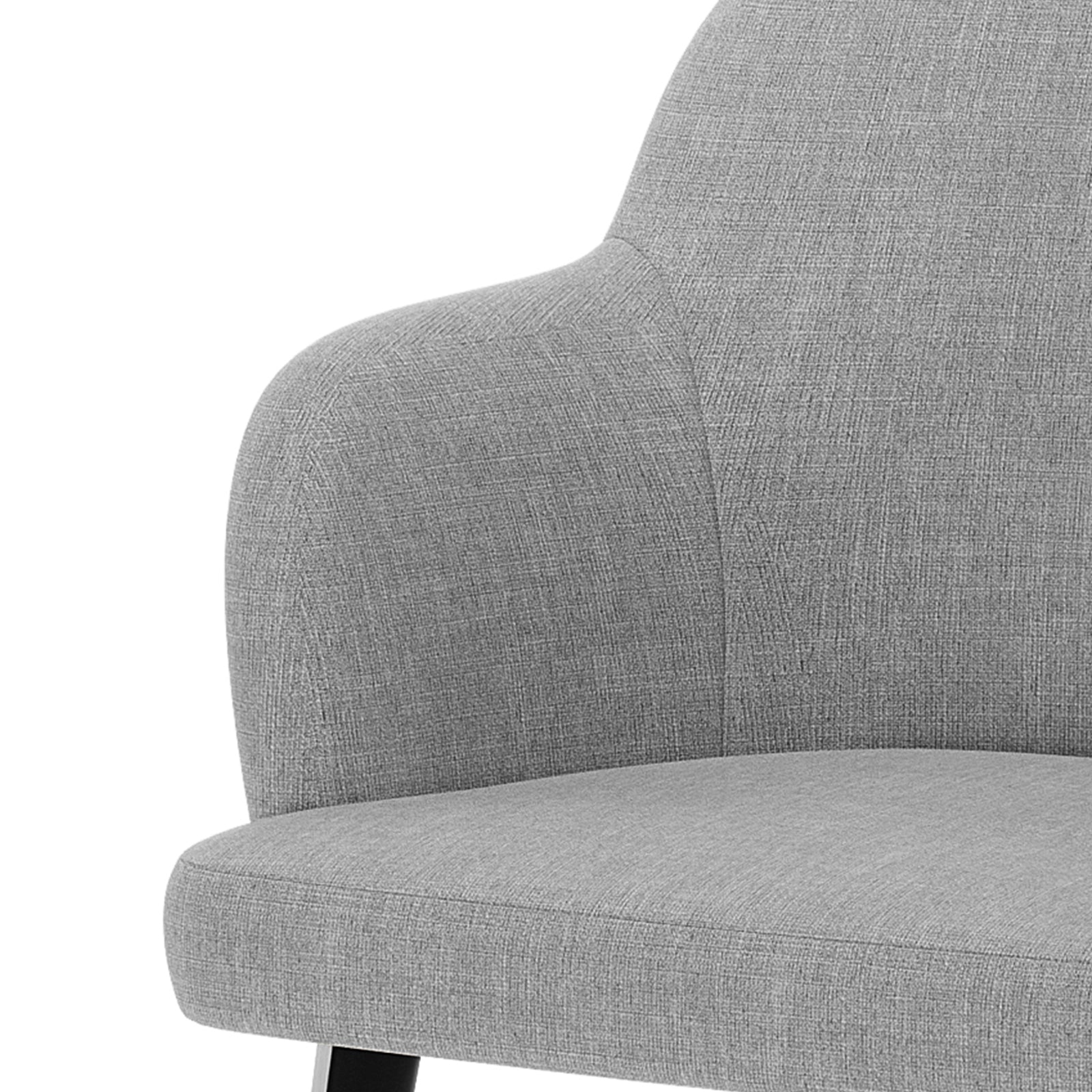 Lennon Linen Dining Chair Set of 2 in Light Grey features a modern, upholstered design with a curved backrest and armrest, thickly padded seat, and visible dark leg, ideal for stylish dining spaces.