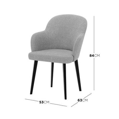 Lennon Linen Dining Chair Set of 2 in Light Grey features modern upholstered design with curved back, integrated armrests, and slim black legs, enhancing style and comfort in dining spaces.