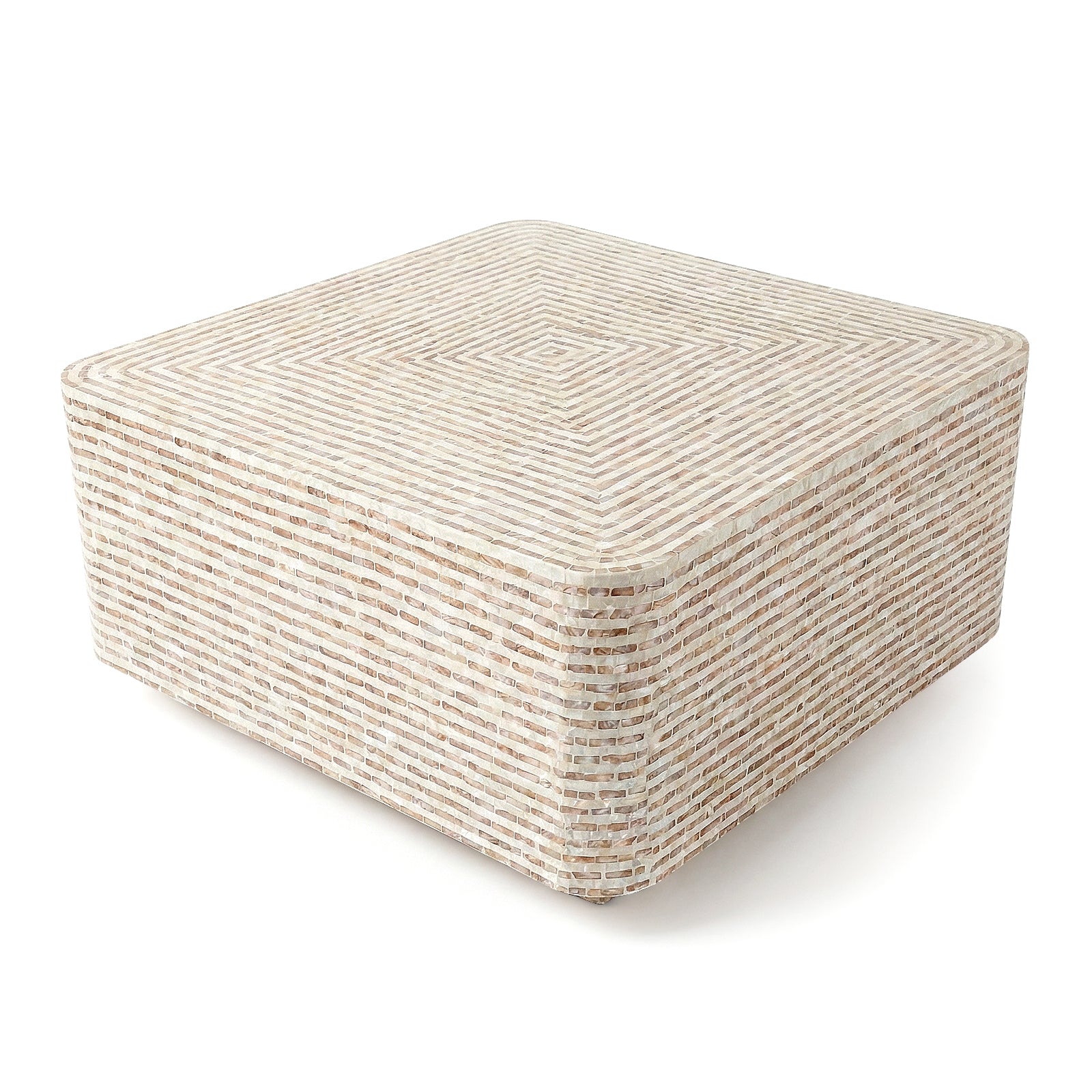 Woven striped square ottoman on white background