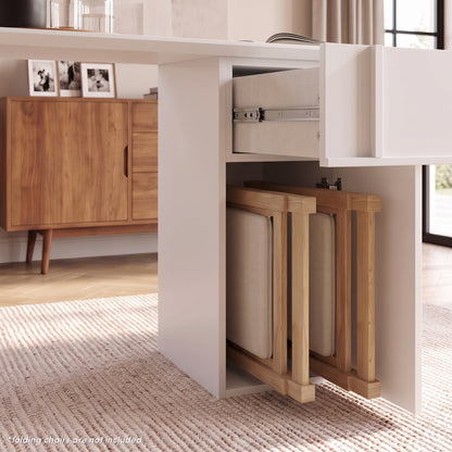 Louisa Oval Foldable Dining Table with Storage in White styled in a room setting