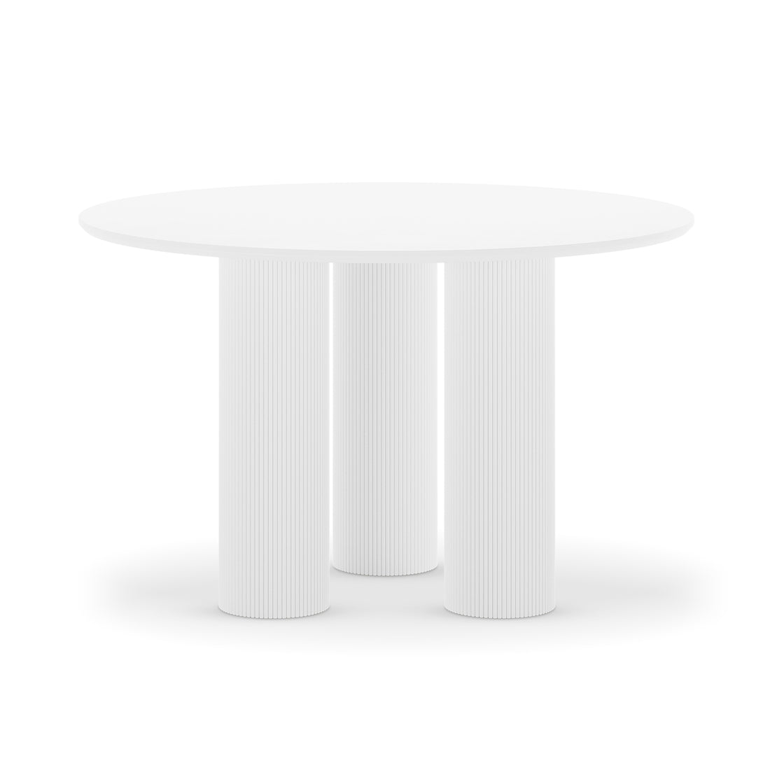Lucina 4 Seater Fluted Round Dining Table in White with a smooth circular top and sculptural, vertically fluted cylindrical legs, offering a modern, minimalist design perfect for intimate gatherings.