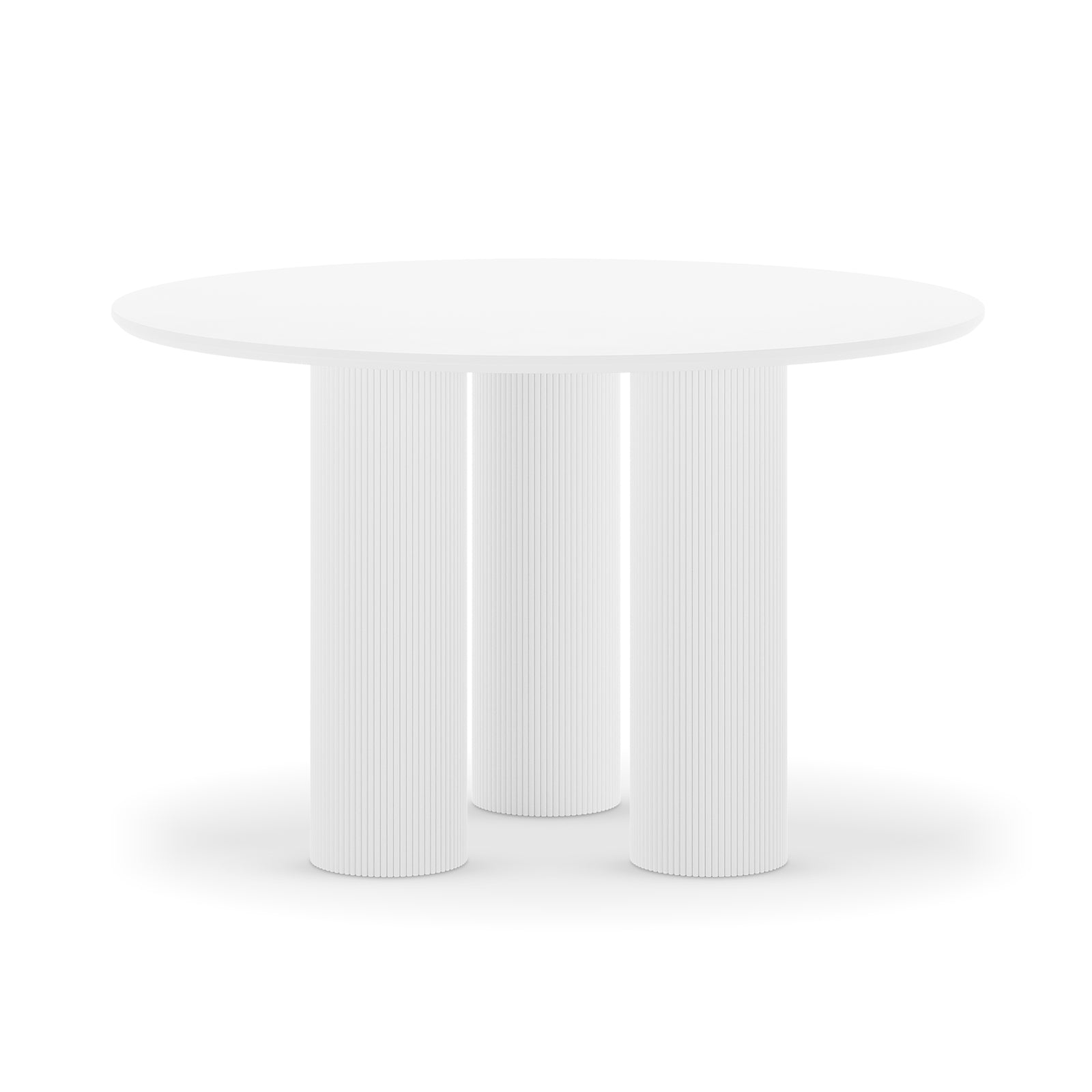 Lucina 4 Seater Fluted Round Dining Table in White with a smooth circular top and sculptural, vertically fluted cylindrical legs, offering a modern, minimalist design perfect for intimate gatherings.